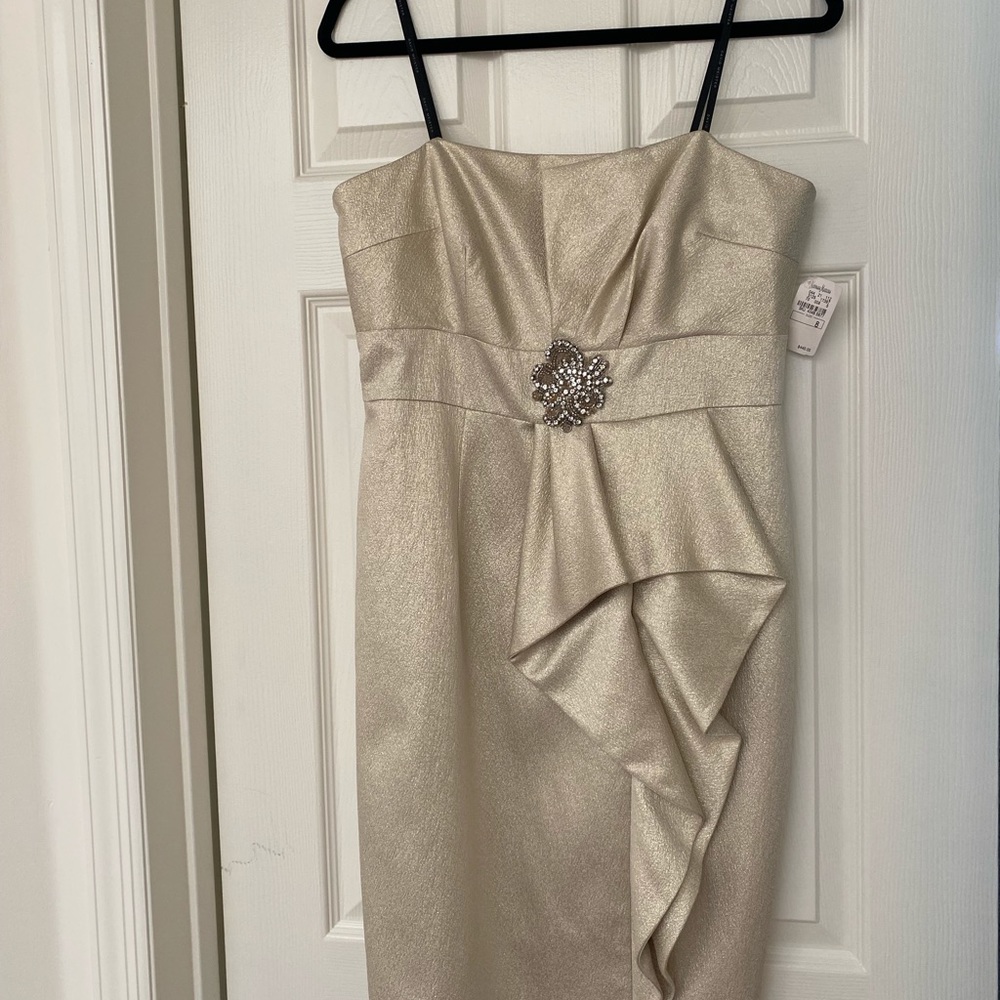 David Meister gold strapless dress